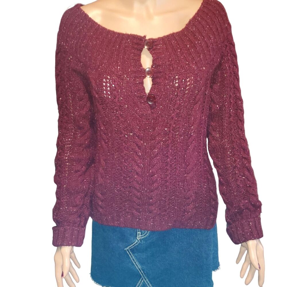 Vintage Y2K American Eagle Sweater L (Modern M) Burgundy Wool Angora Cable Knit